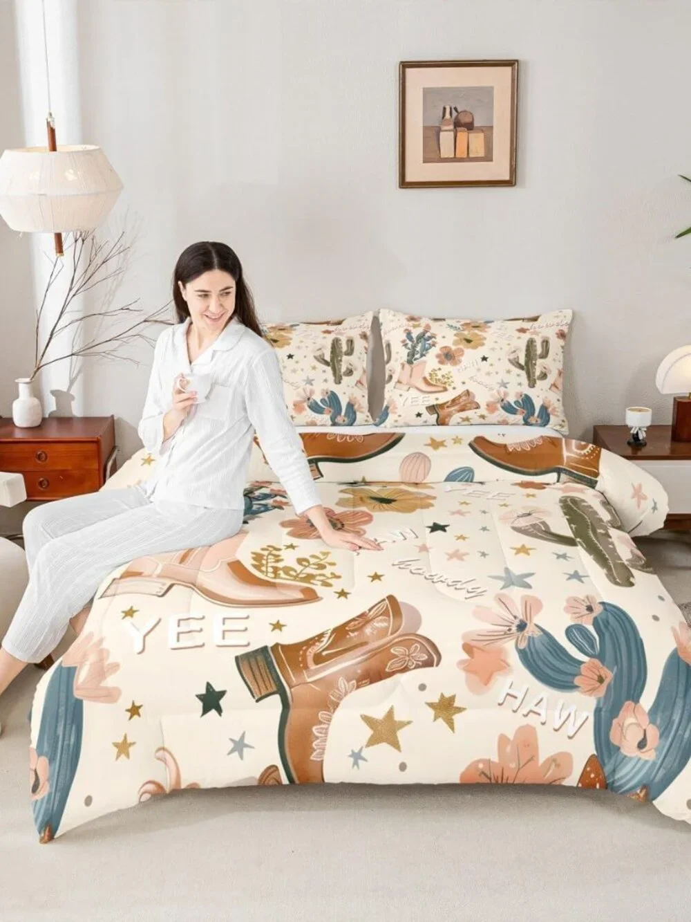 Cowgirl Comforter Set Queen Size, Country Western Cowboy Boots Brown Bedding Set